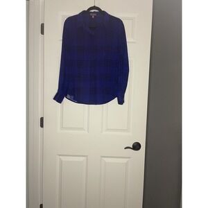 Vince Camuto Plaid Sheer Button Up Blouse Medium Blue Black Striped